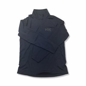 Blue Helly Hansen men's base layer top with a high collar, front view against a white background.