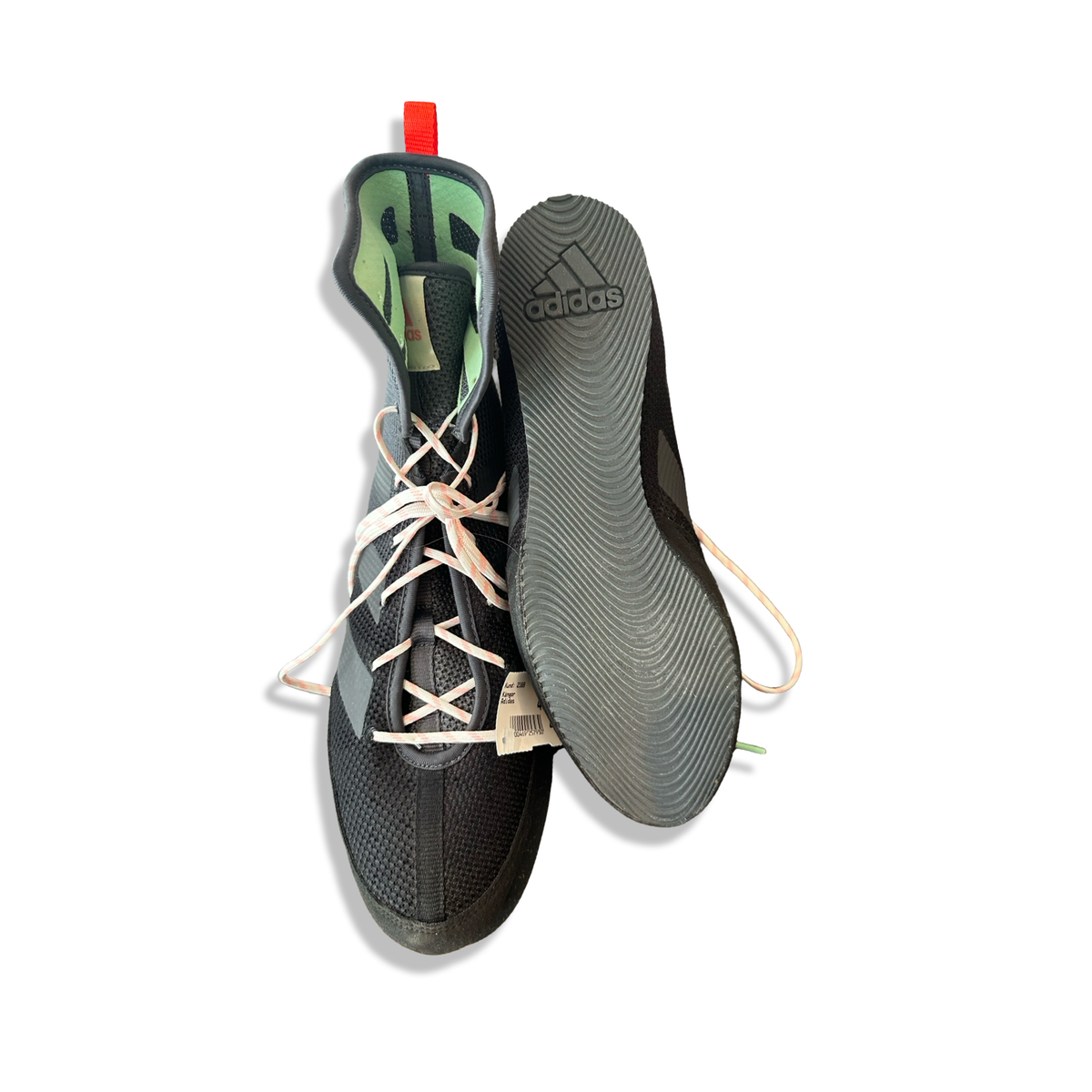 Black Adidas men's boxing shoes with lacing and patterned soles, photographed against a white background.