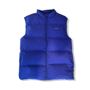 Purple Holzweiler padded vest for men with a high collar, photographed from the front against a white background.
