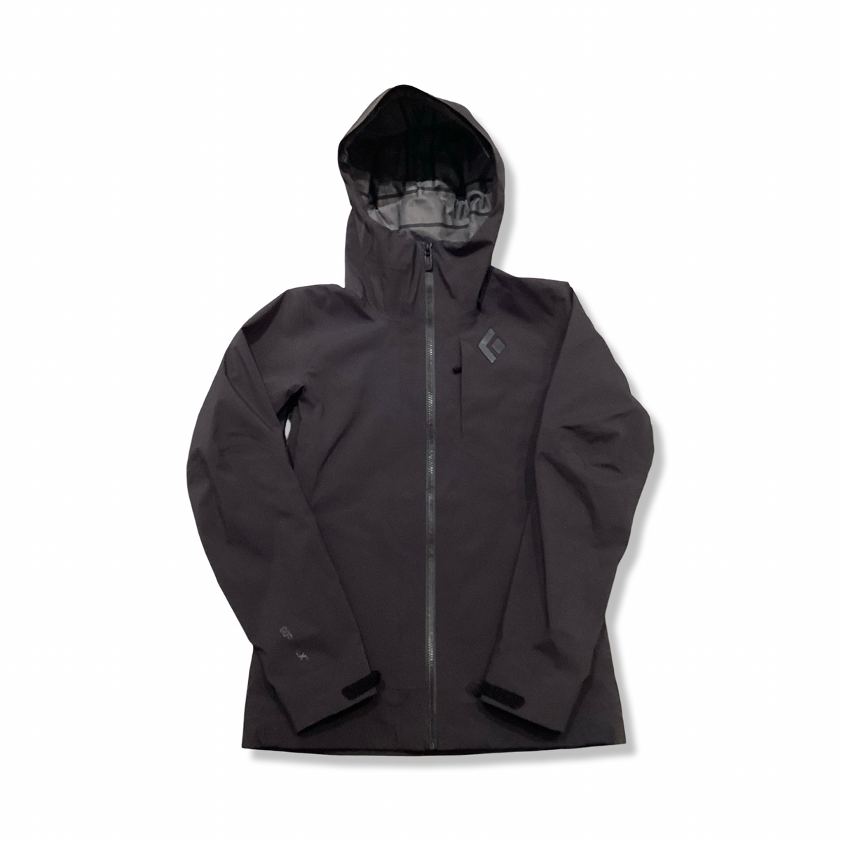 Black Black Diamond women's hooded shell jacket, front view against a white background.