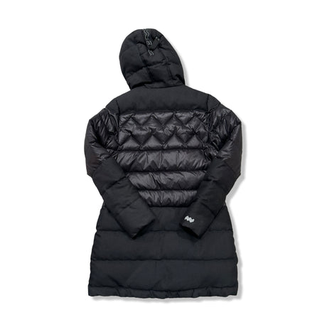 Back view of a black Mountain Works women's hooded puffer jacket against a white background.