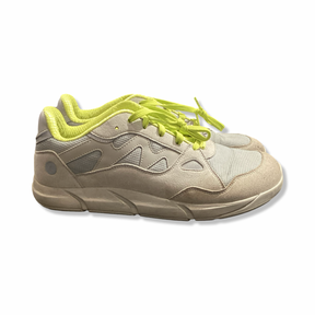 Grey Joe Nimble men's sneakers with neon yellow details and laces, side view against a white background.