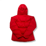 Red Columbia women's hooded down jacket, back view against a white background.