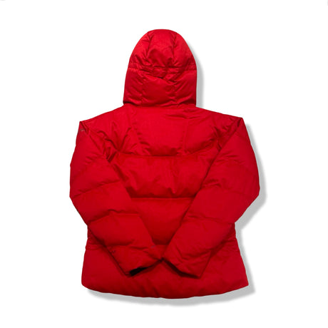 Red Columbia women's hooded down jacket, back view against a white background.