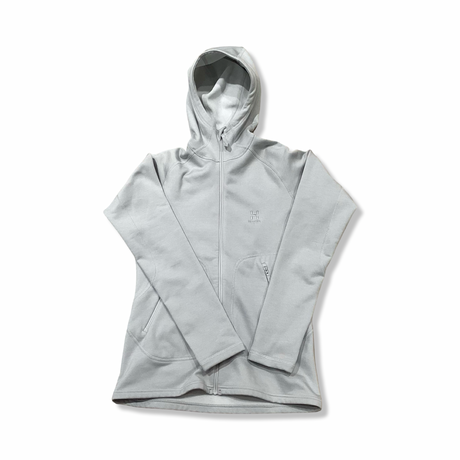 Grey Haglöfs hooded zip fleece cardigan, front view against a white background.