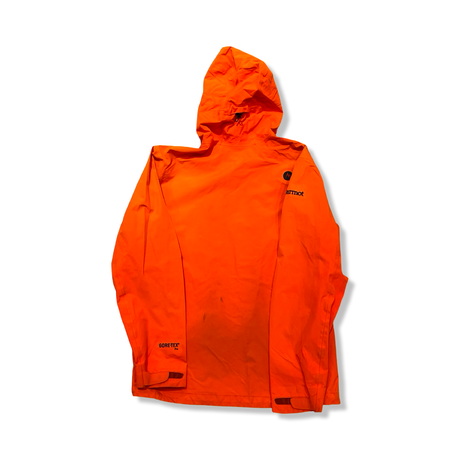 Back view of an orange Marmot men's hooded shell jacket against a white background.