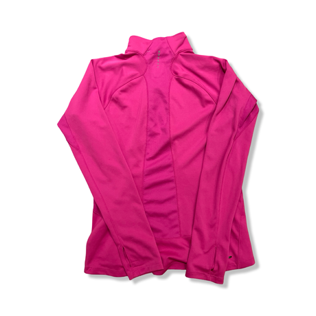 Back view of a pink The North Face women's base layer top against a white background.