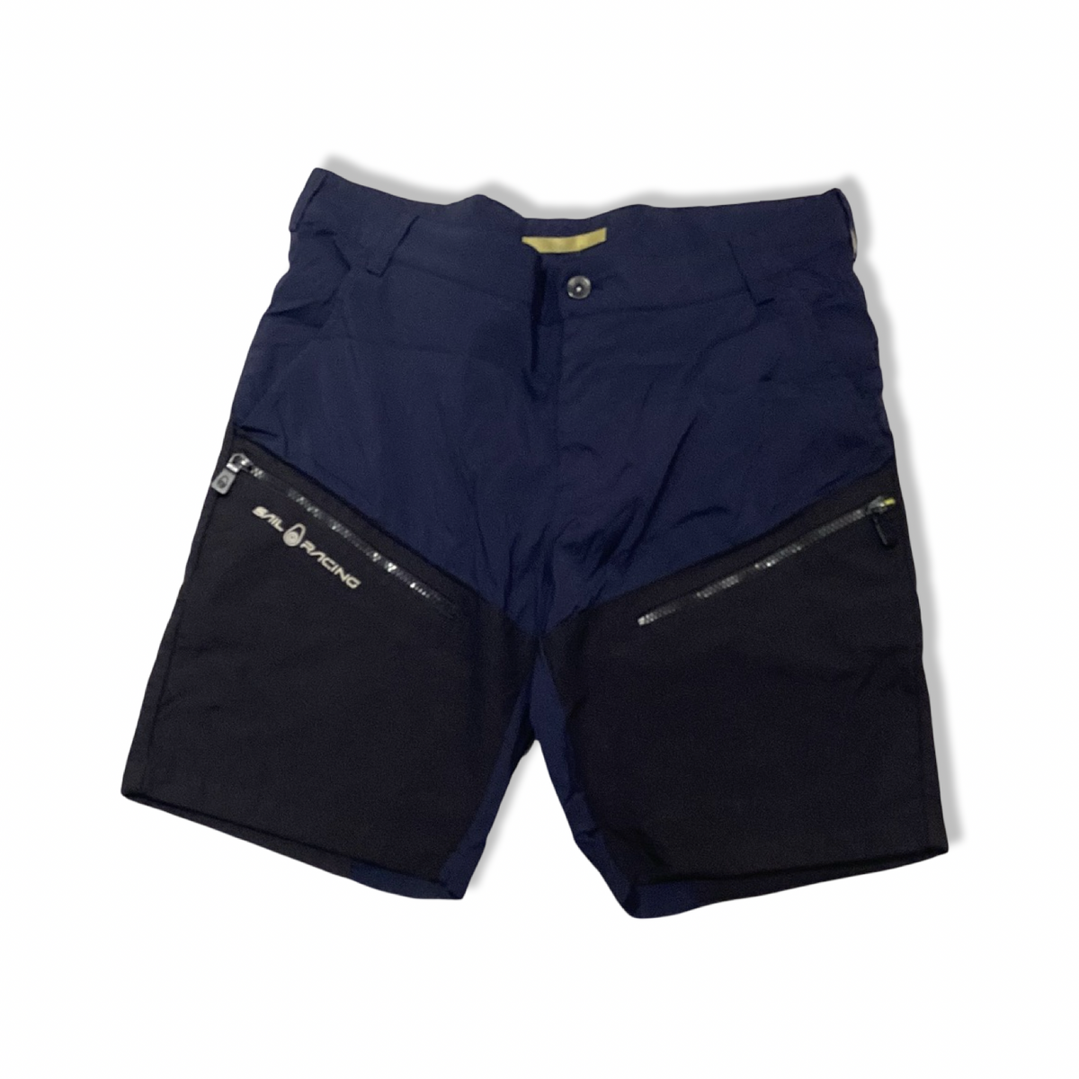Blue Sail Racing men's sailing shorts with black reinforcements and zippered pockets, front view against a white background.