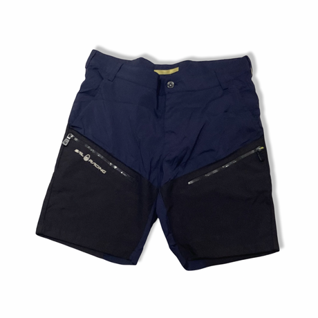 Blue Sail Racing men's sailing shorts with black reinforcements and zippered pockets, front view against a white background.