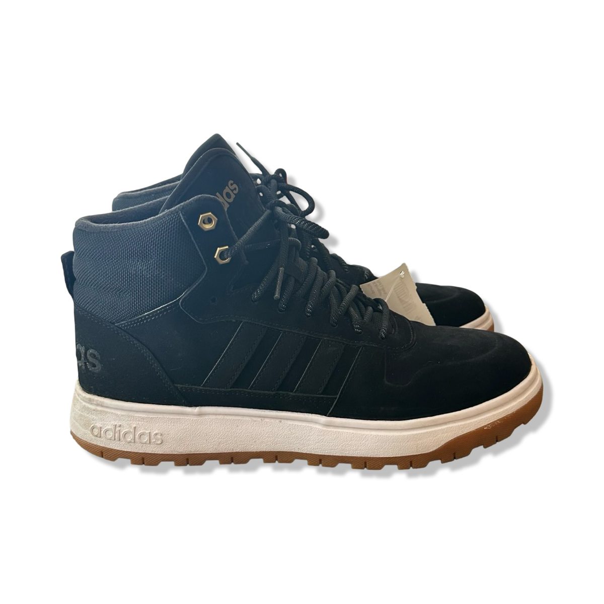Black Adidas Frozetic boots with a white sole and brown details, photographed from the side against a white background.
