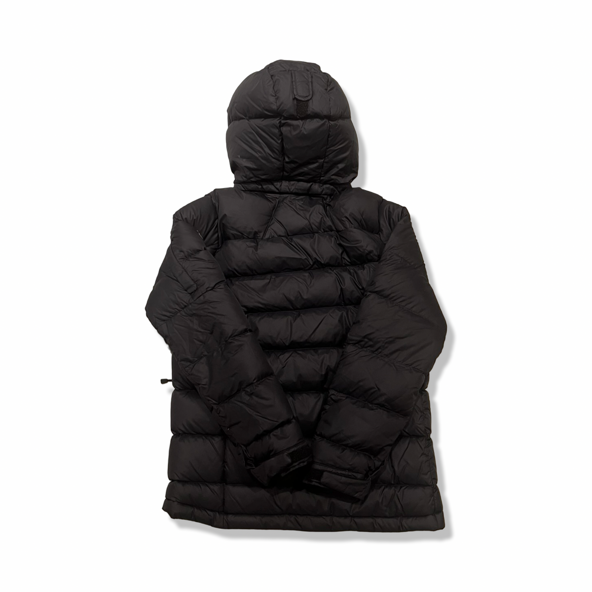 Baksidan av en svart dunjacka från Peak Performance modell JR Frost Down Jacket i storlek 160, visad mot en vit bakgrund.