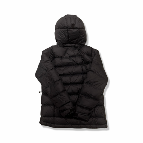 Baksidan av en svart dunjacka från Peak Performance modell JR Frost Down Jacket i storlek 160, visad mot en vit bakgrund.
