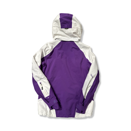 Back view of a purple and white SOS women's ski jacket against a white background.