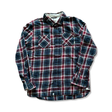 Blue and red plaid Vans men's flannel shirt with chest pockets and button-up closure, photographed against a white background.