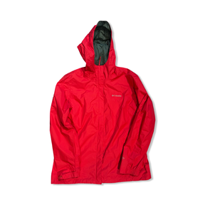 Red Columbia women's hooded rain jacket, front view against a white background.