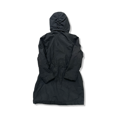 Black hooded Peak Performance women's down jacket, back view against a white background.