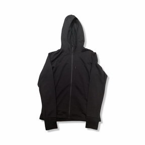 Svart Icebreaker fleececardigan för dam med huva och dragkedja, fotograferad framifrån mot en vit bakgrund.