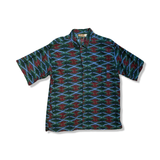 Patterned men's Patagonia short-sleeved Air Conditioned Shirt, front view against a white background.