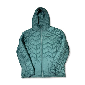 Blå/grön syntetjacka Peak Performance W Elevate Liner Hood för herr med huva, fotograferad framifrån mot en vit bakgrund.
