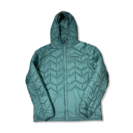 Blå/grön syntetjacka Peak Performance W Elevate Liner Hood för herr med huva, fotograferad framifrån mot en vit bakgrund.