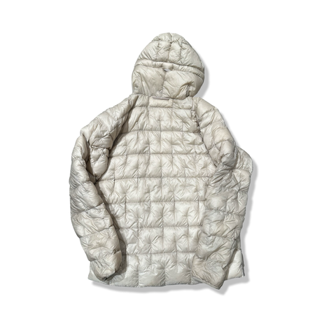 Back view of a beige Haglöfs women's hooded down jacket against a white background.