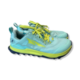 Turquoise and yellow Altra Lone Peak women's trail running shoes in size 38.5, photographed against a white background.