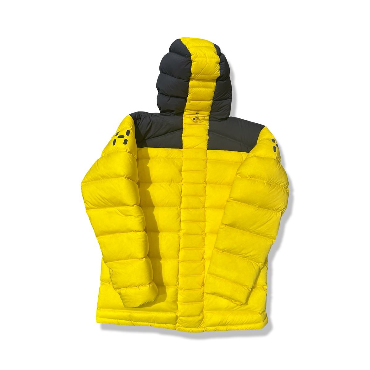 Back view of a yellow and dark blue Haglöfs men's down jacket against a white background.