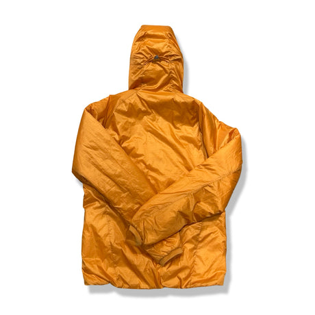 Back view of an orange Houdini men's hooded down jacket against a white background.
