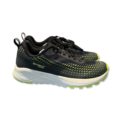 Black and gold Icebug Newrun W BUGrip women's running shoe with white midsole, side view against a white background.