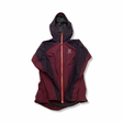 Burgundy Haglöfs women's rain jacket with a hood and orange zipper, front view against a white background.