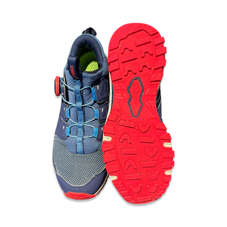 Blue Asics Gel-FujiRado women's trail running shoes shown from above with the red outsole against a white background.