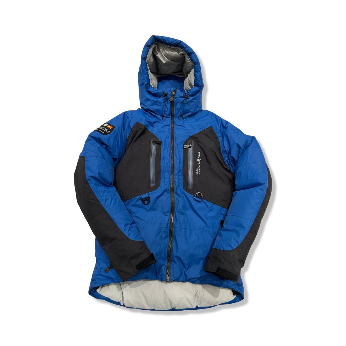 Blue and black Sail Racing men's hooded down jacket, front view against a white background.
