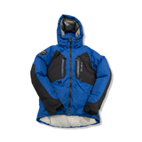 Blue and black Sail Racing men's hooded down jacket, front view against a white background.