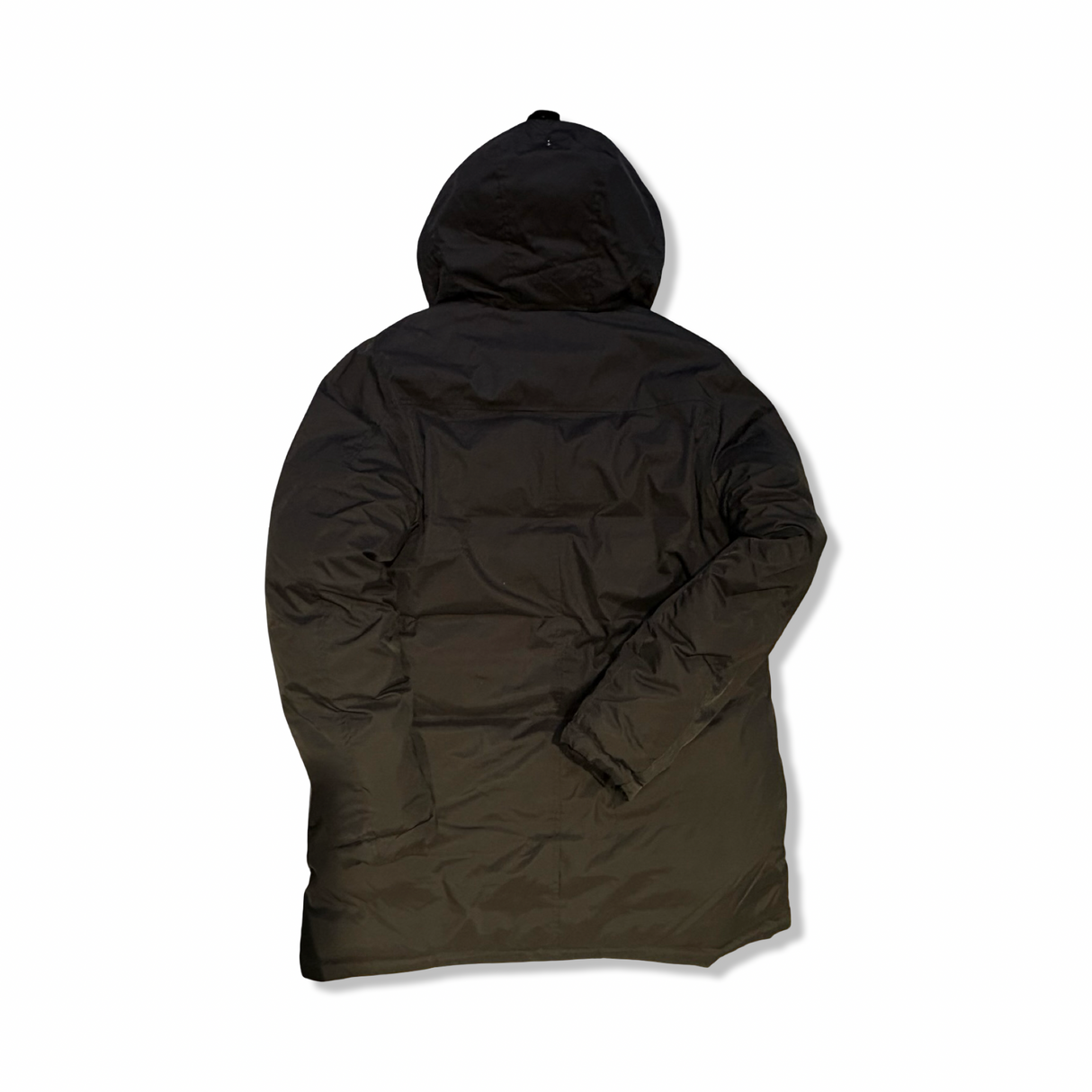 Black Peak Performance women's down parka with a hood, back view against a white background.