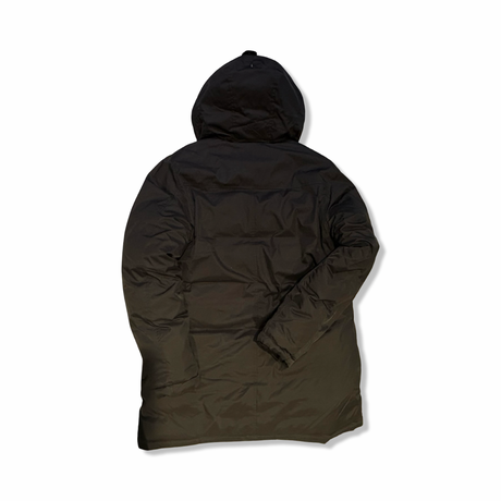 Black Peak Performance women's down parka with a hood, back view against a white background.