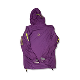Purple Norröna men's lofoten shell jacket with a hood and neon yellow details, back view against a white background.