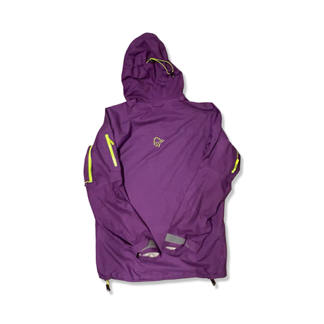 Purple Norröna men's lofoten shell jacket with a hood and neon yellow details, back view against a white background.