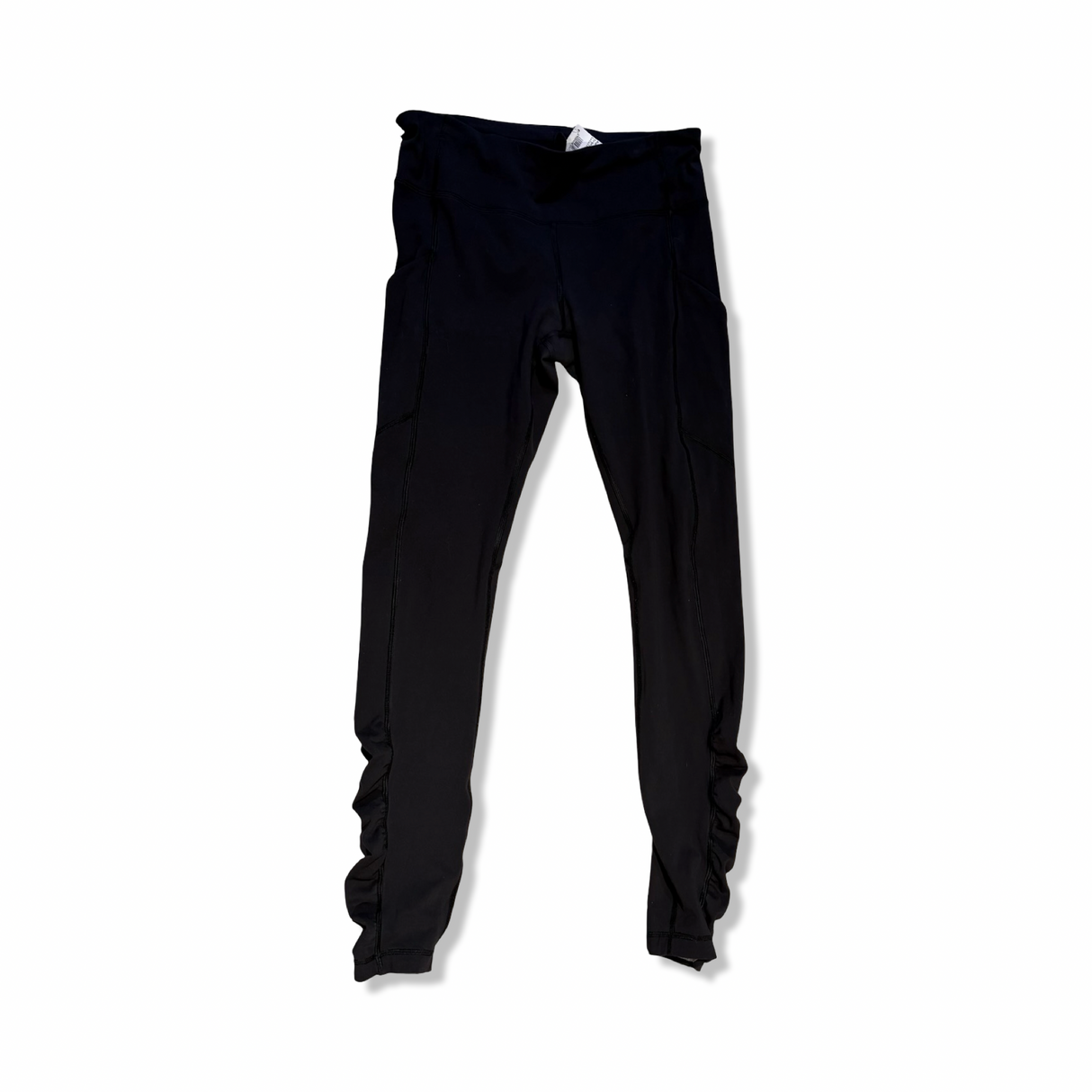 Black Lululemon women's training tights with ruching details at the leg cuffs, front view against a white background.