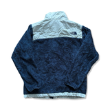 Blue and light grey The North Face women's fleece cardigan, rear view against a white background.