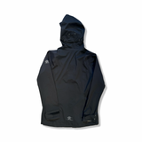 Black Bergans women's hooded shell jacket, back view against a white background.