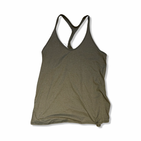 Green Lululemon women's training tank top with a racerback, back view against a white background.