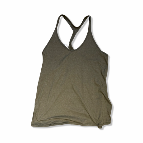 Green Lululemon women's training tank top with a racerback, back view against a white background.