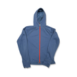 Blue Houdini men's fleece hoodie with orange zipper, front view against a white background.