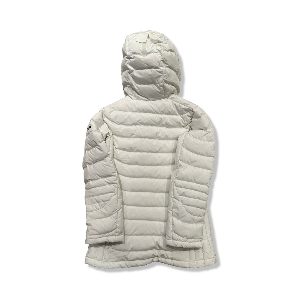 White Peak Performance women's hooded down jacket, back view against a white background.