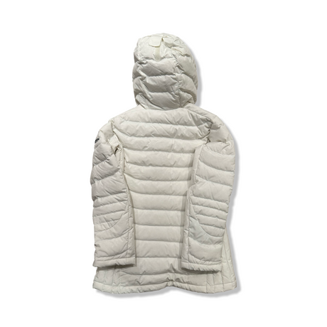 White Peak Performance women's hooded down jacket, back view against a white background.