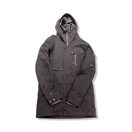Black Norröna men's hooded parkas with zipper, front view against a white background.