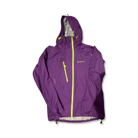 Purple Norröna lofoten men's shell jacket with a hood and light green zippers, front view against a white background.