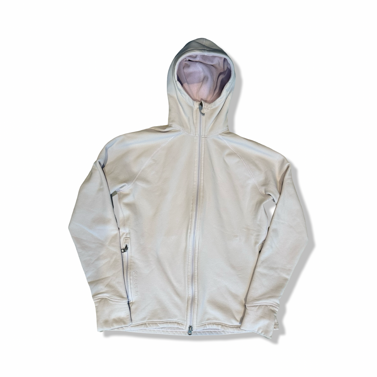 Pink women's Power Houdi hoodie from Houdini, photographed from the front against a white background.
