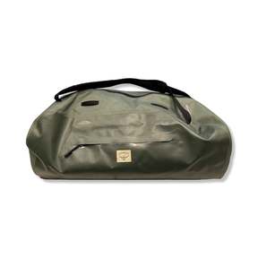 Green Osprey 80L unisex duffel bag with black straps, front view against a white background.