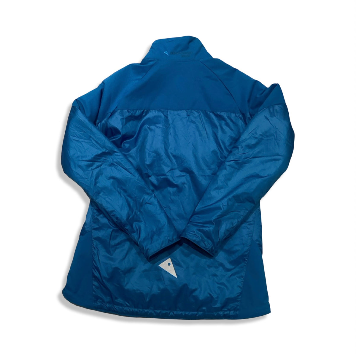 Back view of a blue Klättermusen Alv 2.0 women's synthetic jacket against a white background.